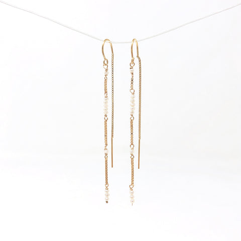 Tiny Pearl Gold Fill Box Chain Threader Earrings