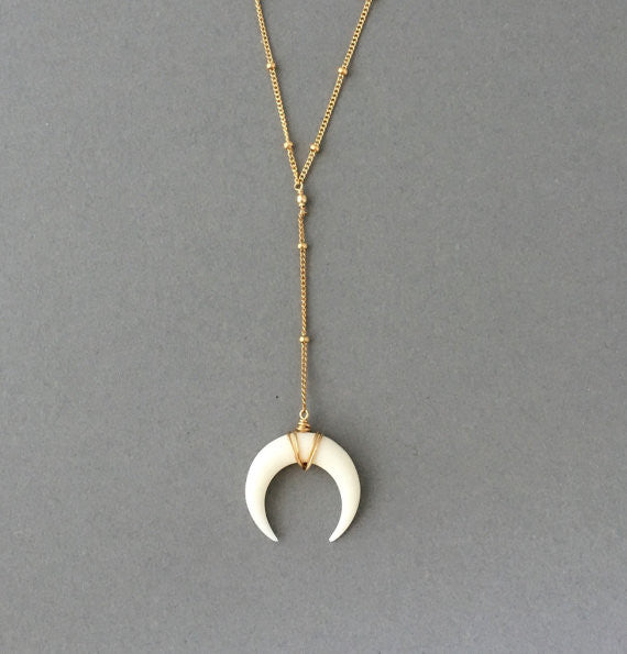 Lariat White Bone Double Horn Necklace Crescent Moon JENNY and JUDE