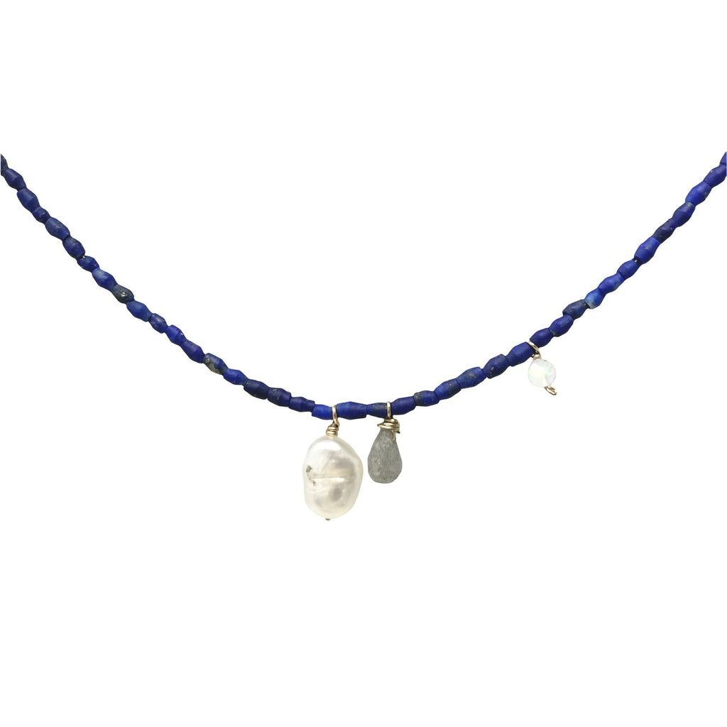 Lapis Lazuli Beaded Necklace with Pearl, Labradorite, and Ethiopian Opal