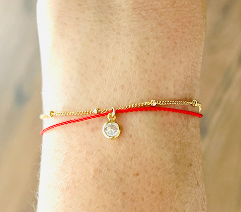 Red String and Satellite Chain with Crystal Layering Bracelet