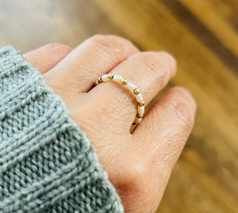 Alternating White Pearl and Bead Ring