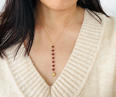 Red Garnet Beaded Gold Y Lariat Drop Necklace also available with other stones