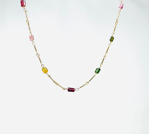 Tourmaline Stone Gold Bar Beaded Necklace