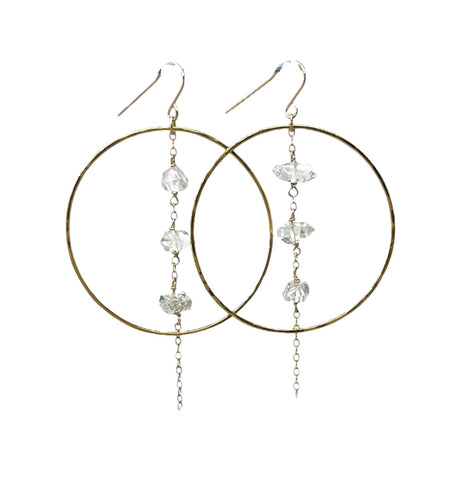 THREE Dangling Herkimer Hammered Circle Hoop Earrings