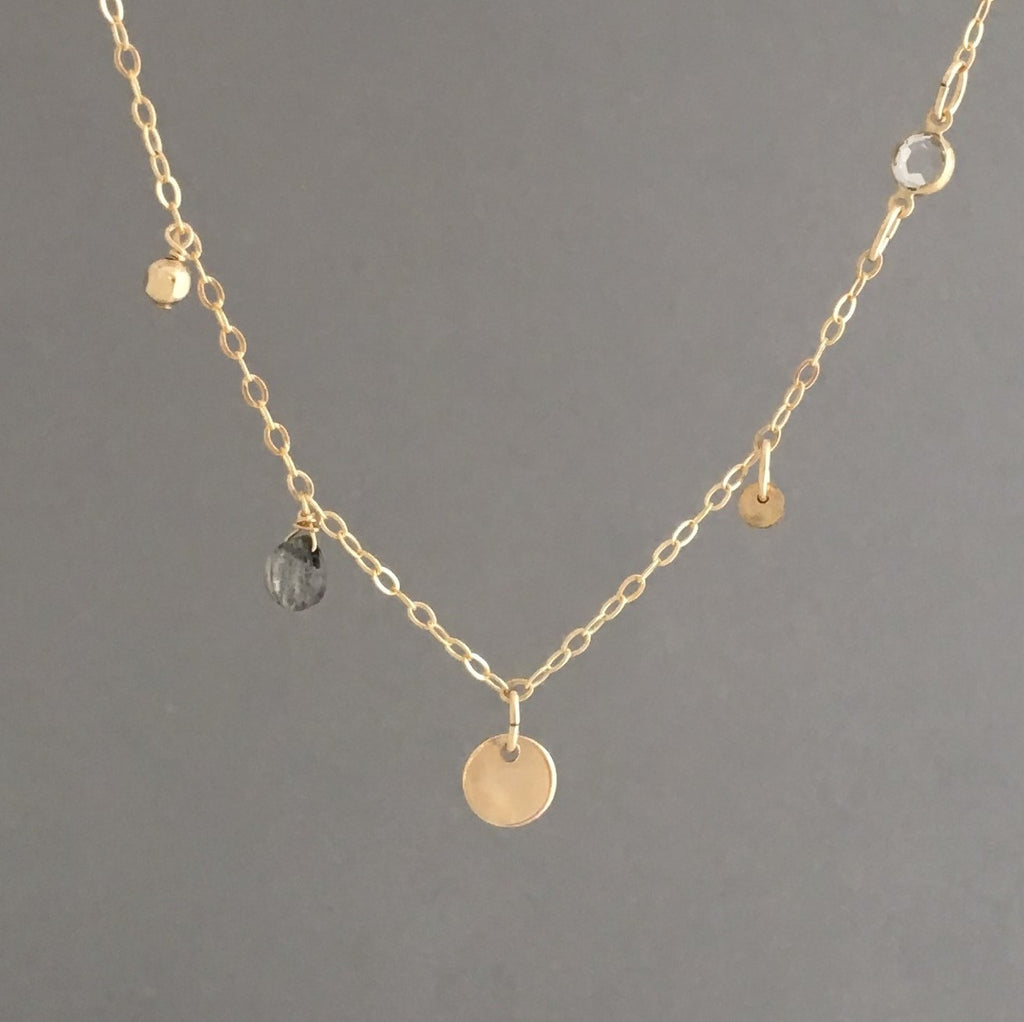 Mixed Gold Disc with Labradorite and Swarovski Crystal Necklace also in Sterling Silver and Rose Gold Fill