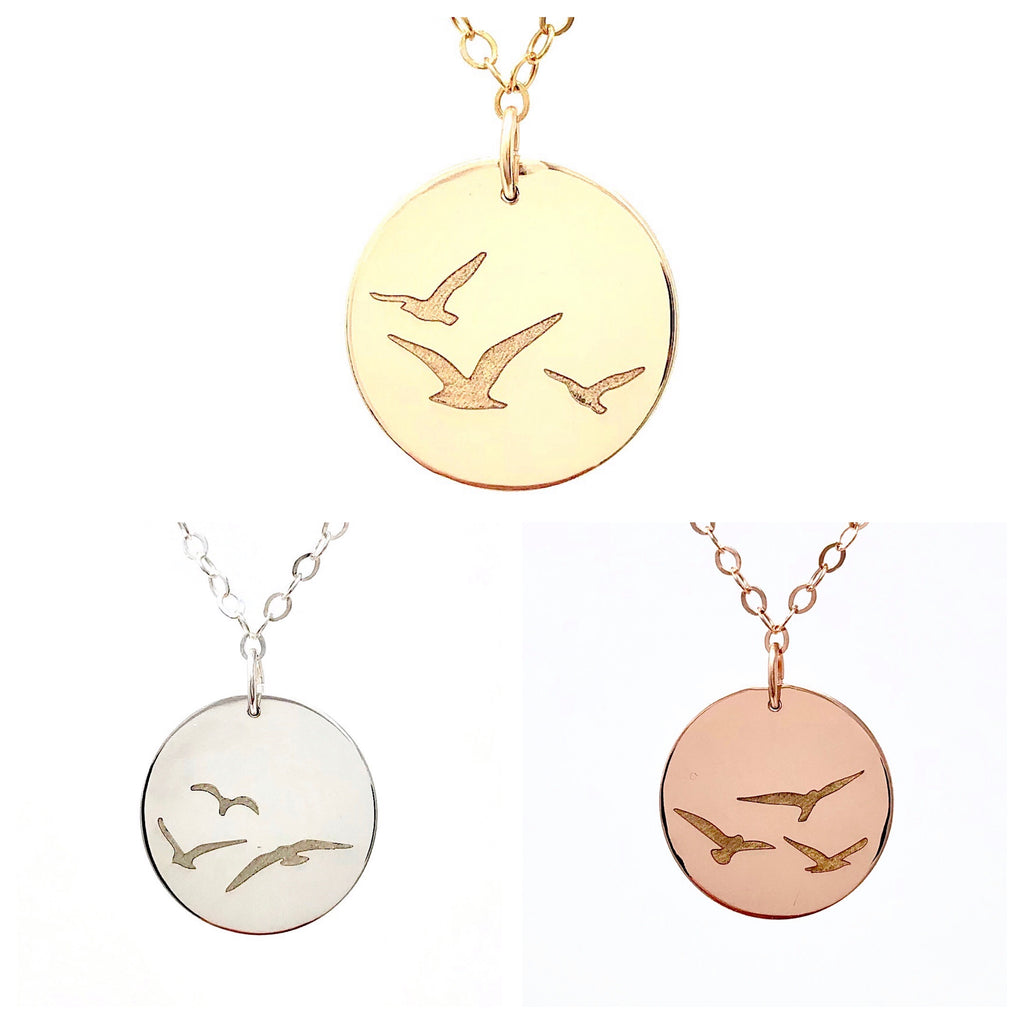 FLYING BIRDS ENGRAVED Disc Necklace
