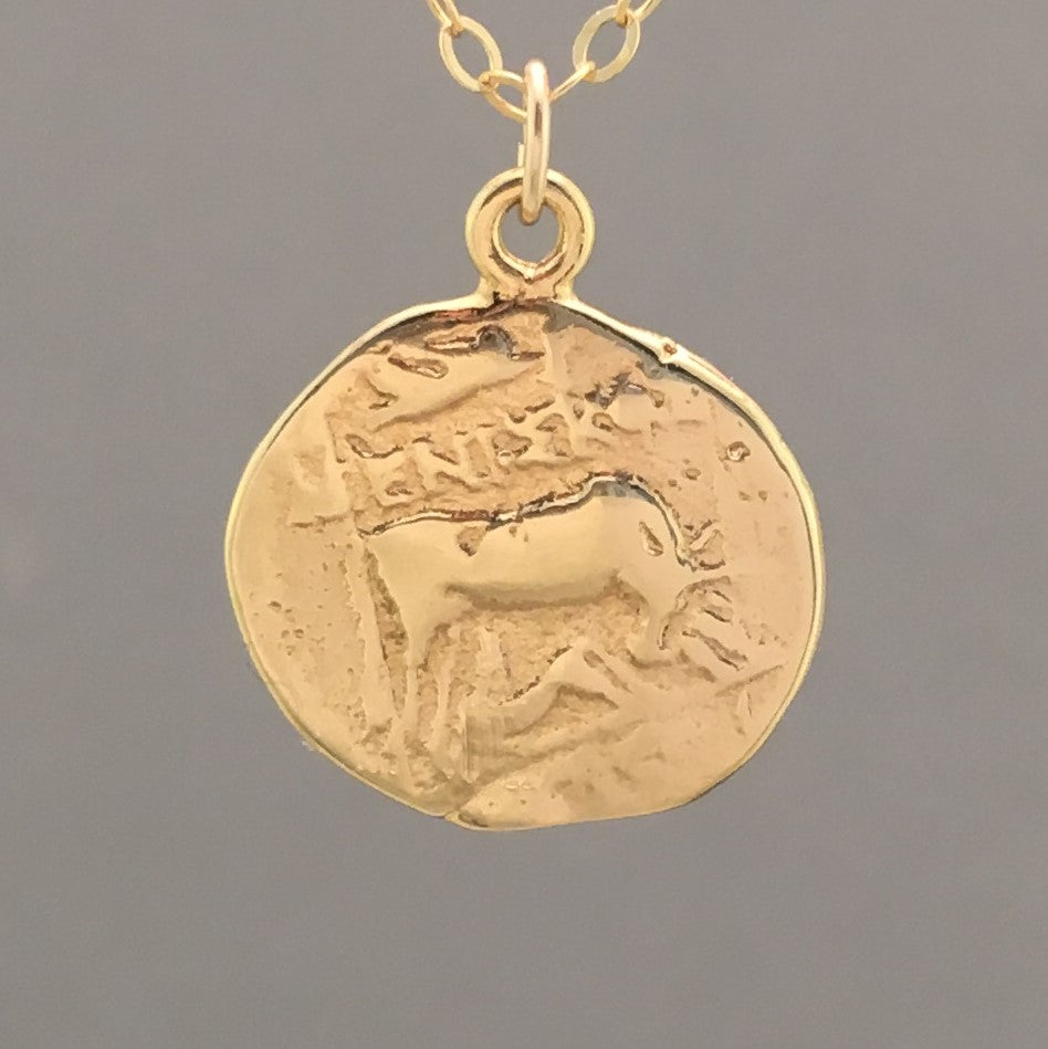 SMALL Two-Sided Ancient Coin BULL Pendant Gold Necklace - AC4
