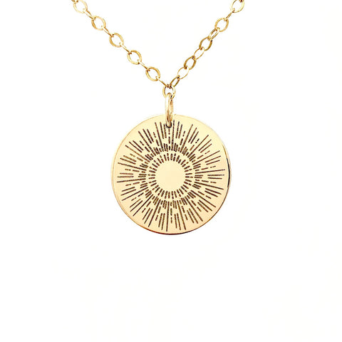 SUNBURST ENGRAVED Gold Fill Disc Necklace also in Rose Gold and Silver