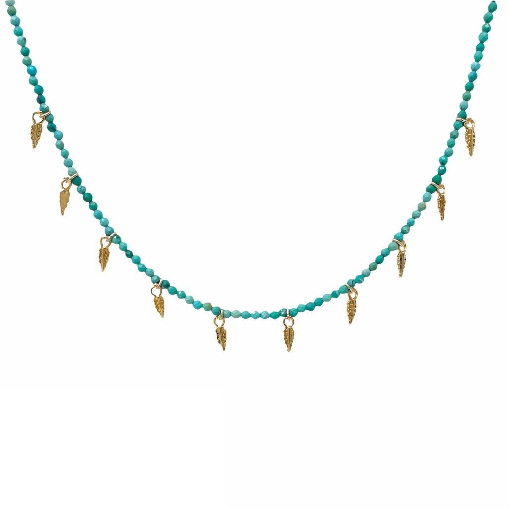 Turquoise Beaded and Feather Charm Necklace