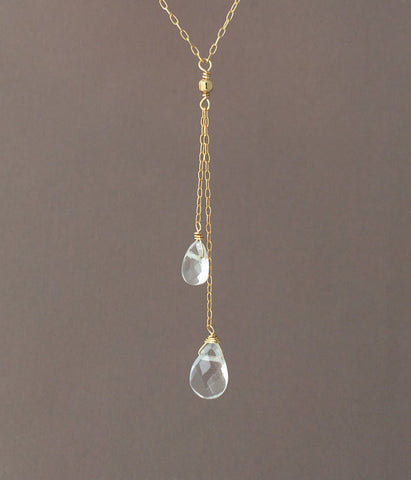 Y Lariat Drop Clear Quartz Gemstone Necklace