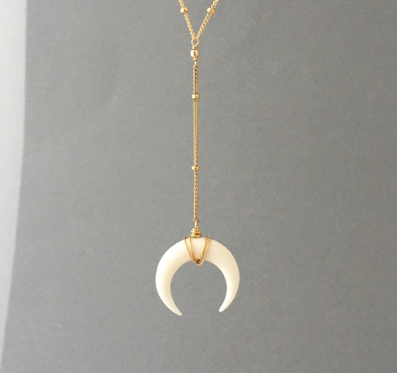 Lariat White Bone Double Horn Necklace // Crescent Moon