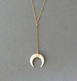 Lariat White Bone Double Horn Necklace // Crescent Moon