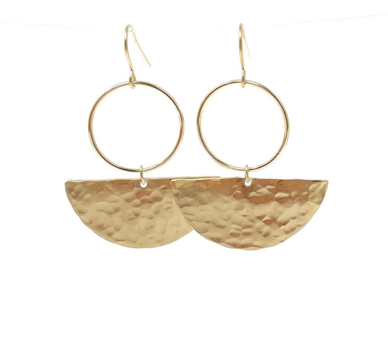 Hammered Gold Half Disc Hoop Earrings also in Sterling Silver